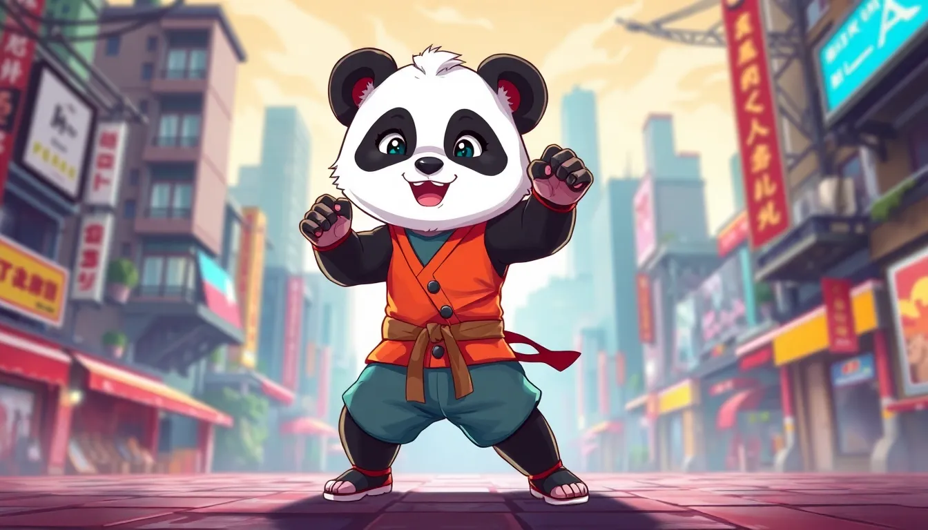 Tekken Panda in an action pose in a colorful urban setting.