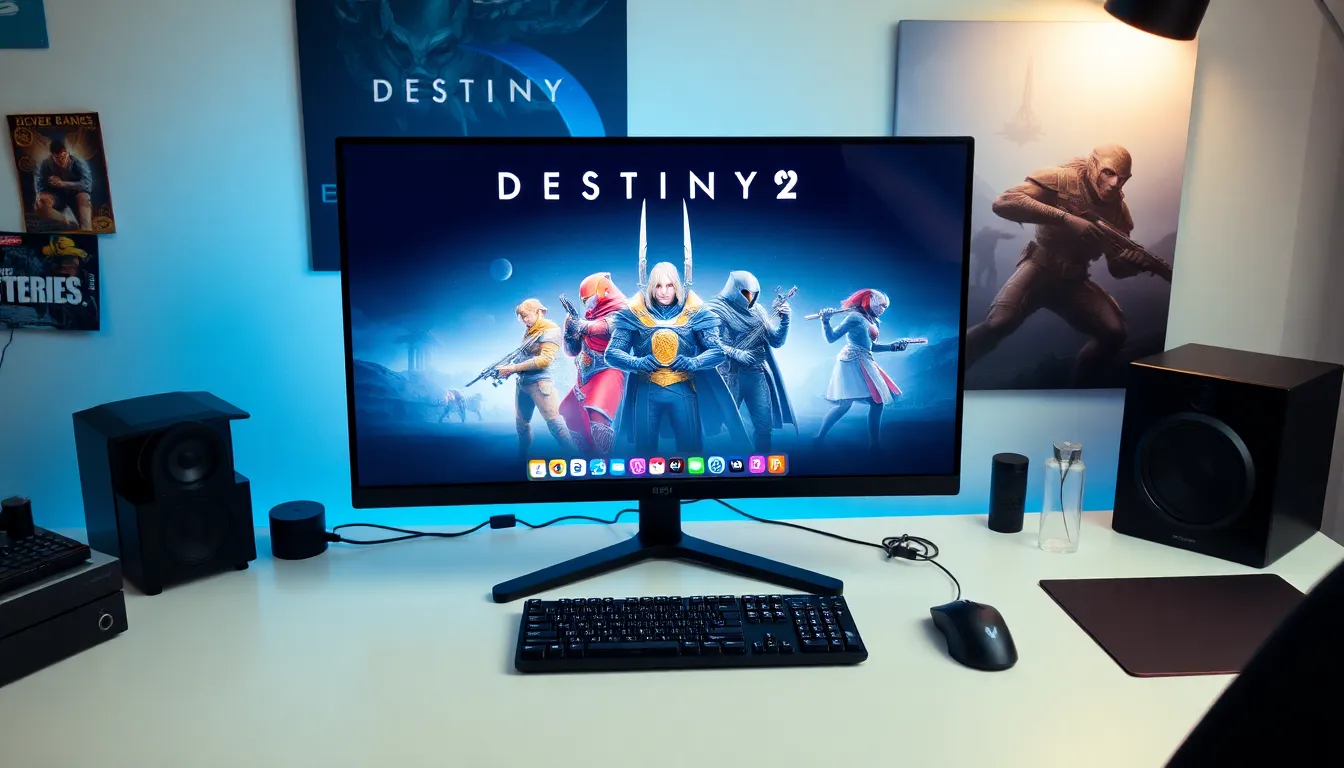 gaming setup featuring Destiny 2 characters on screen.