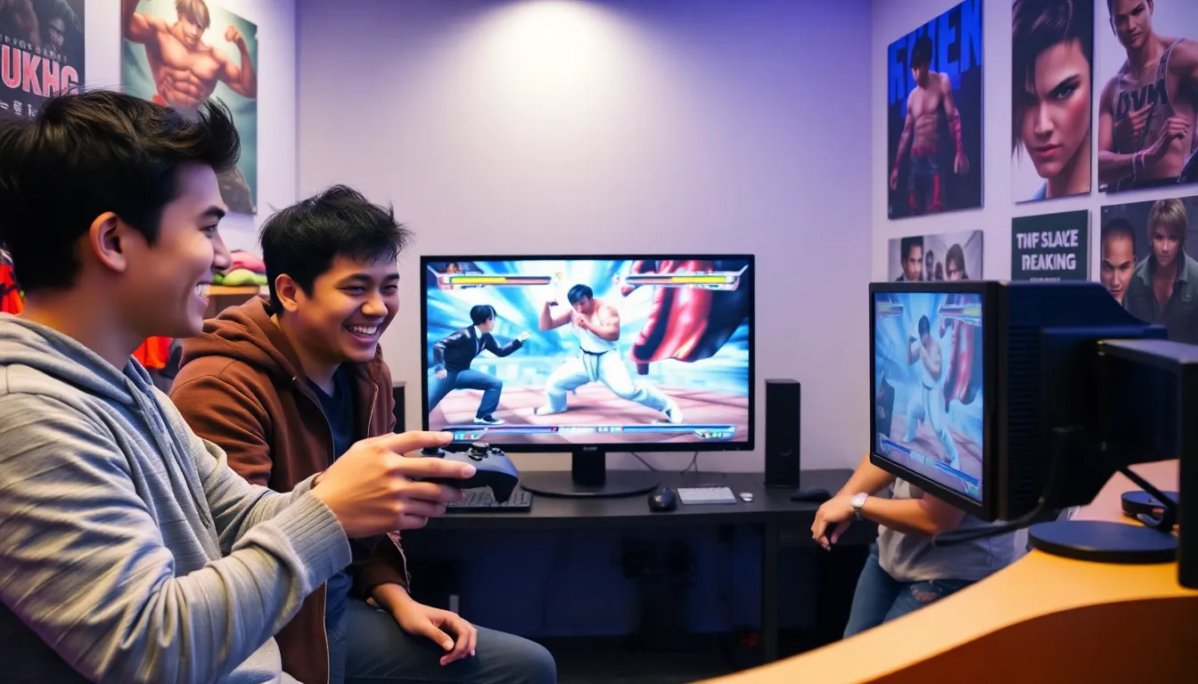 group enjoying Tekken 8 with Kuma character on screen.