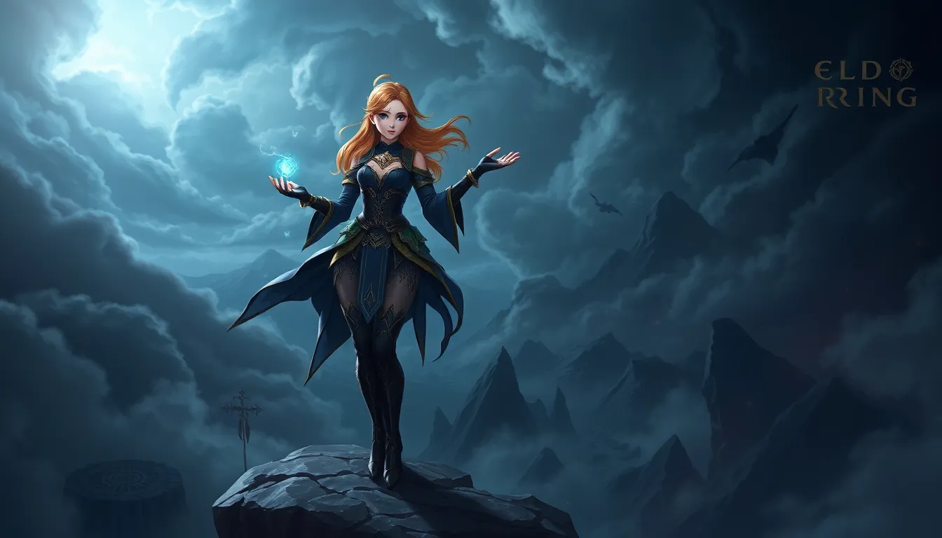Lanya from Elden Ring standing confidently in a mystical landscape.