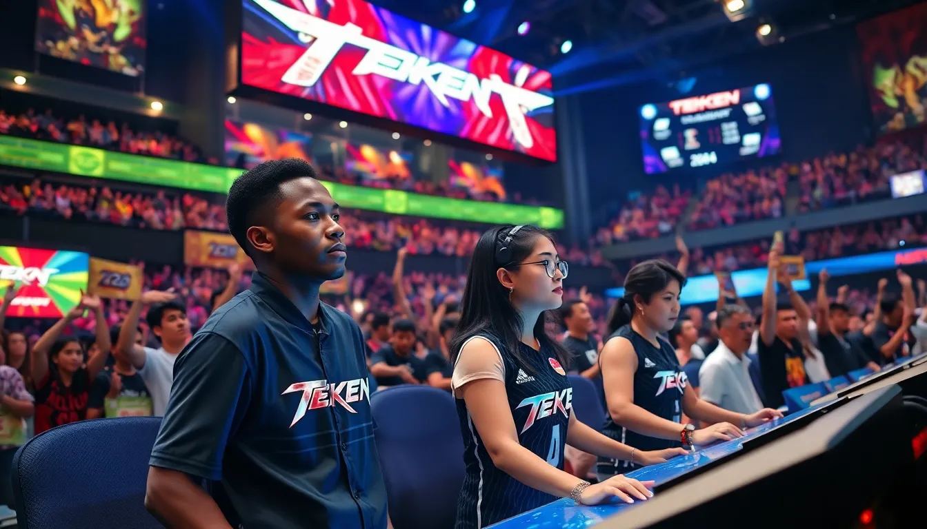 diverse gamers competing at the Tekken World Tour in a vibrant esports arena.