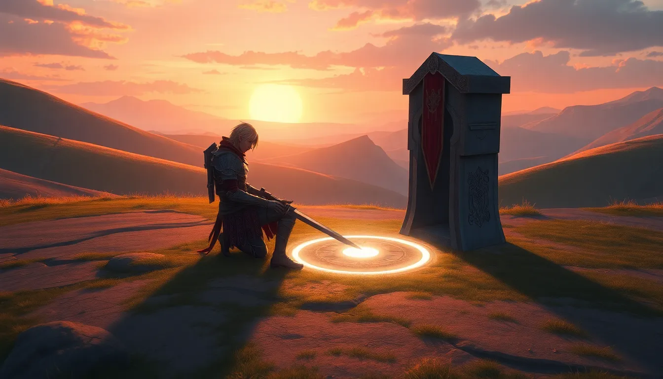 Elden Ring character resting at a Site of Grace in a fantasy landscape.
