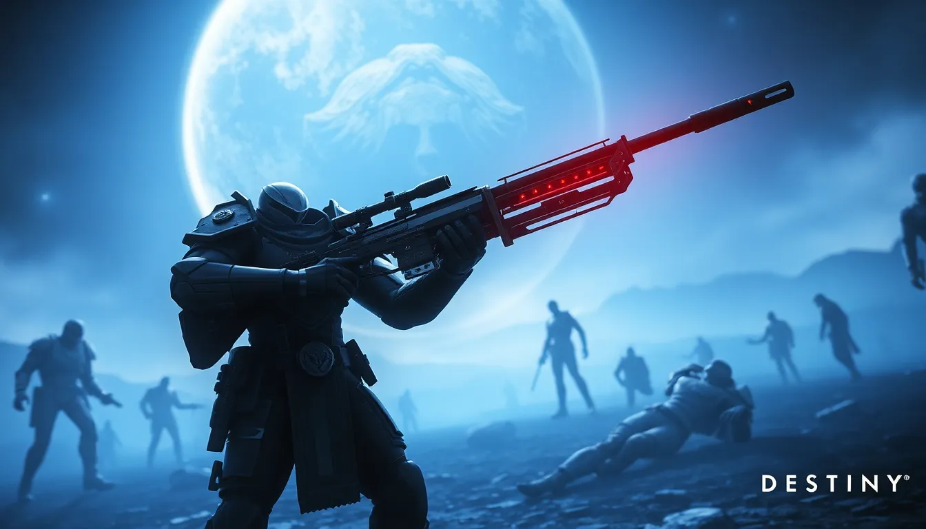 Guardian wielding the Touch of Malice rifle in a dark battlefield.