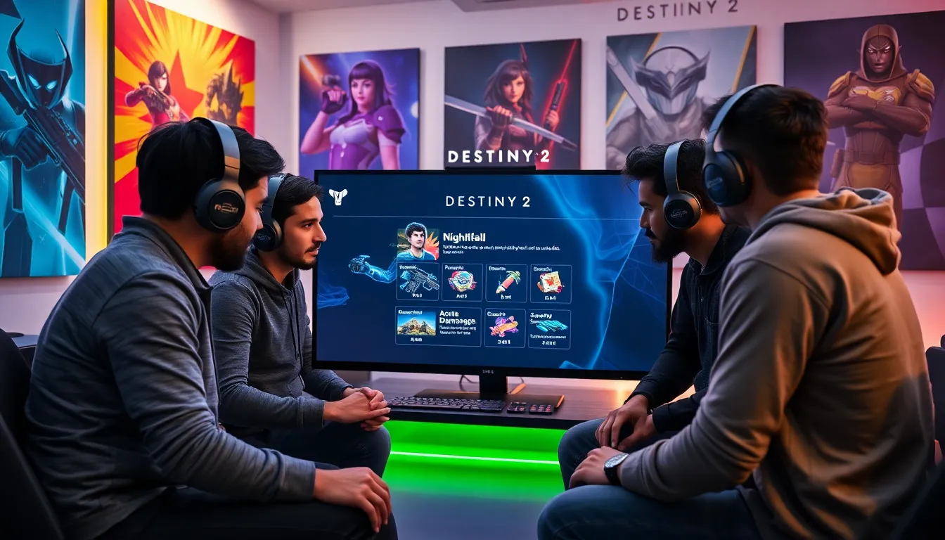 diverse gamers strategizing for a Destiny 2 Nightfall strike.