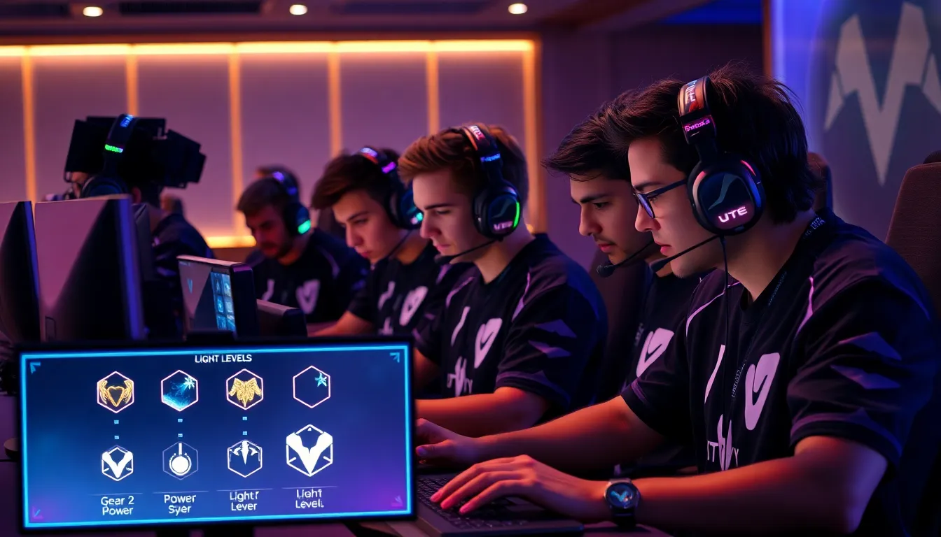 gamers collaborating in a modern gaming lounge focused on Destiny 2.