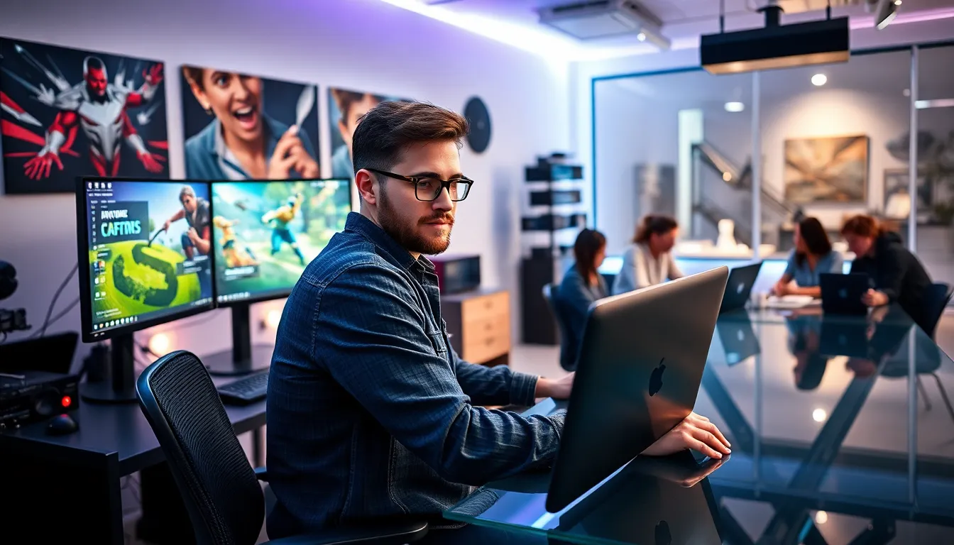 Michael Murray in a modern gaming studio, focusing on game design.